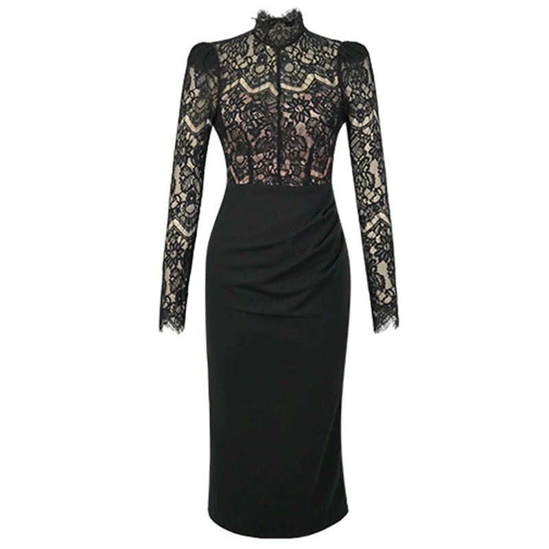 New Women's French  Elegant Black Dress Celebrity Sheer Lace Spliced Midi Robe Professional Business Vestidos Mujer Party Gown