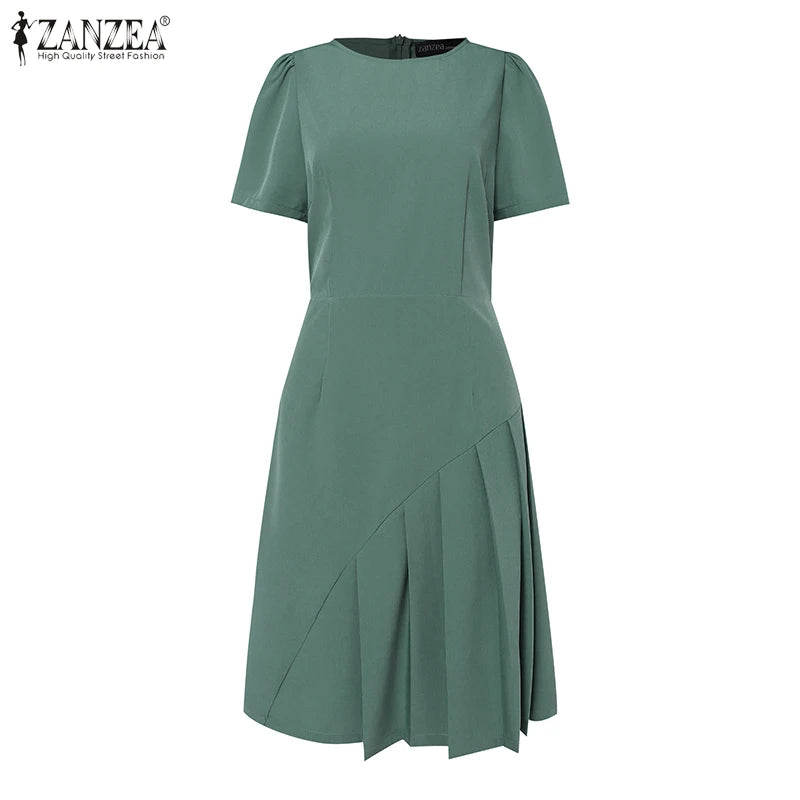 Elegant Pleated Dress ZANZEA Summer O Neck Short Sleeve Sundress Women Stylish Casual Work Party Vestidos Solid Knee Length Robe