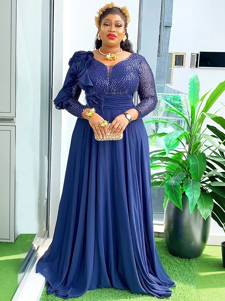 Long Sleeve Chiffon Dresses For Women African Dashiki Sequin Robe Dubai Abaya Wedding Party Birthday Gown 2025 Summer Clothing