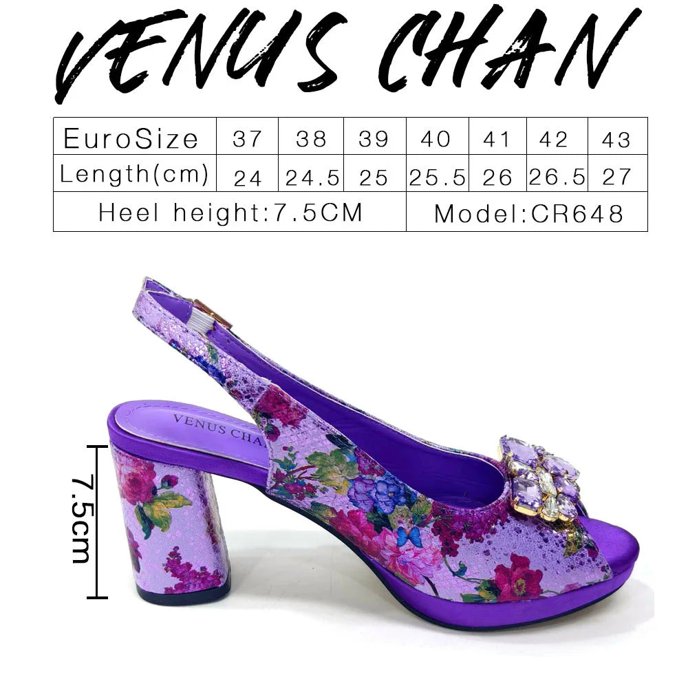 Venus Chan Italian Sandals and Bags Matching Set 2024 Women Heel Party for Gold Colour Wedding Bigger Size Thick Heel Shoes