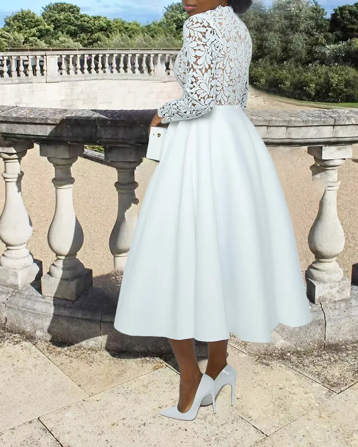 Women Long Dress A Line Dresses Lace Floral Party Night Wedding Mock Neck White Prom Hight Waist Slim Elegant Maxi Vestidos