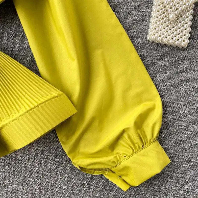 XFPV Women Puff Sleeve Pleated Ruffle Solid Casual Blouse Patchwork Y2k Top Slim Waist Shirt Sweet Summer Spring 2025 SM2983