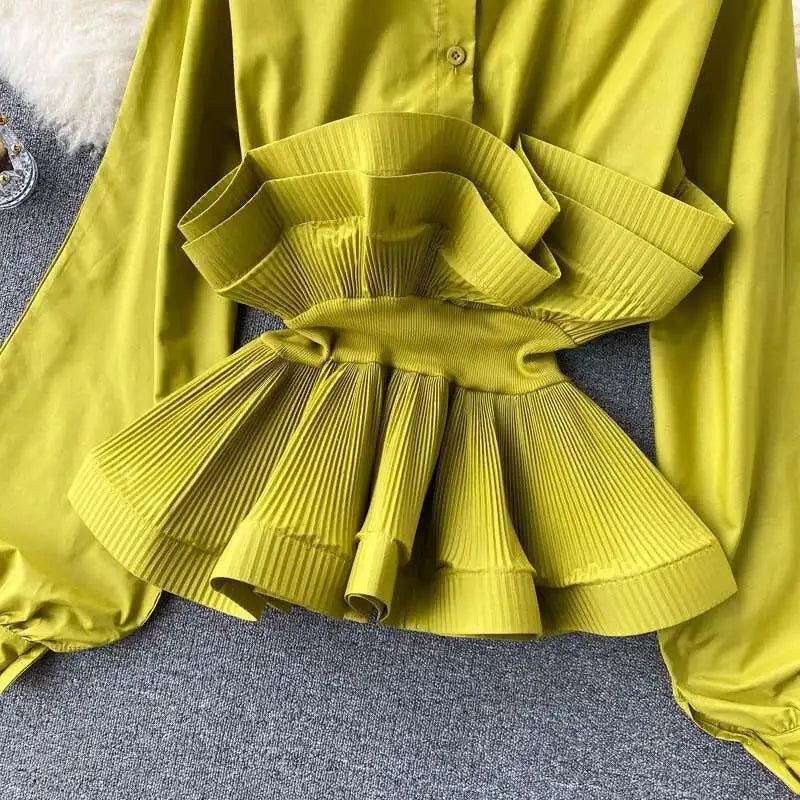 XFPV Women Puff Sleeve Pleated Ruffle Solid Casual Blouse Patchwork Y2k Top Slim Waist Shirt Sweet Summer Spring 2025 SM2983