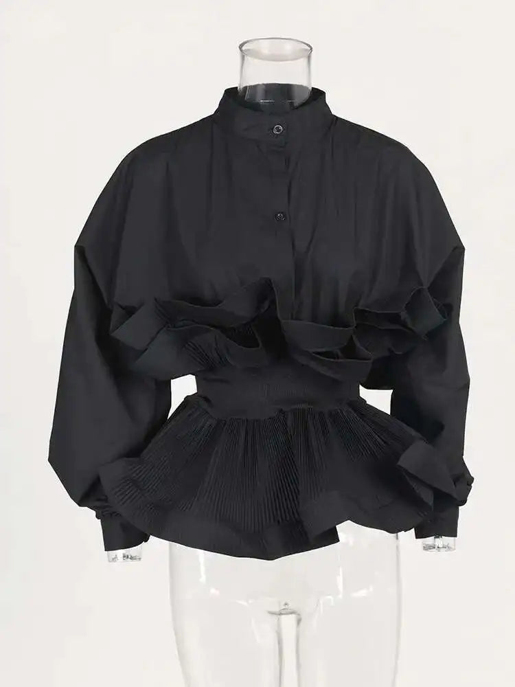 XFPV Women Puff Sleeve Pleated Ruffle Solid Casual Blouse Patchwork Y2k Top Slim Waist Shirt Sweet Summer Spring 2025 SM2983