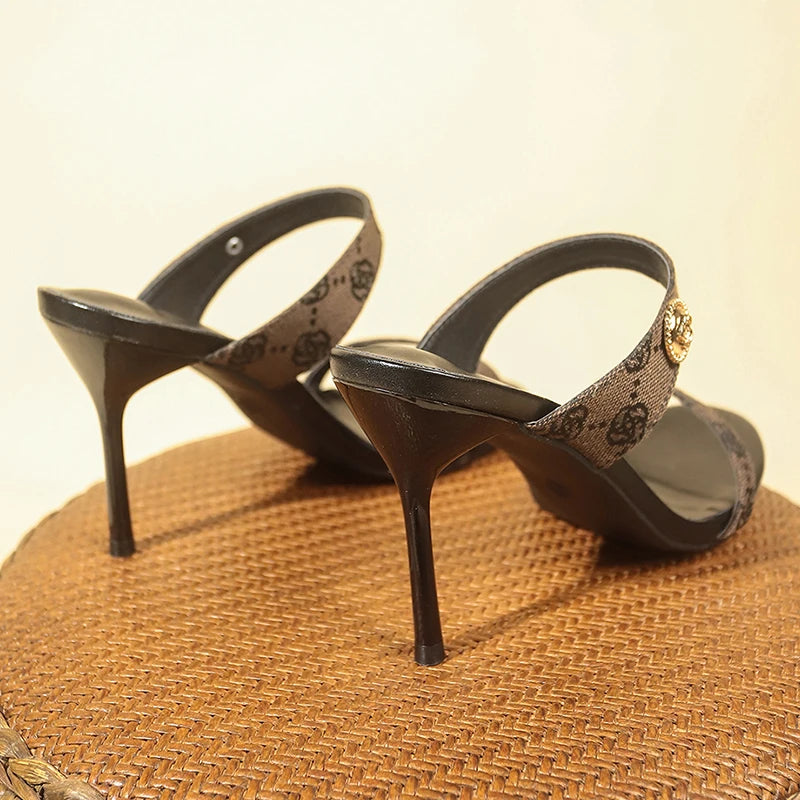 Flower Embroidery Stiletto Heel Slippers Women 2025 Summer Open Toe High Heels Sandals Woman Brand Fashion Party Shoes Plus Size