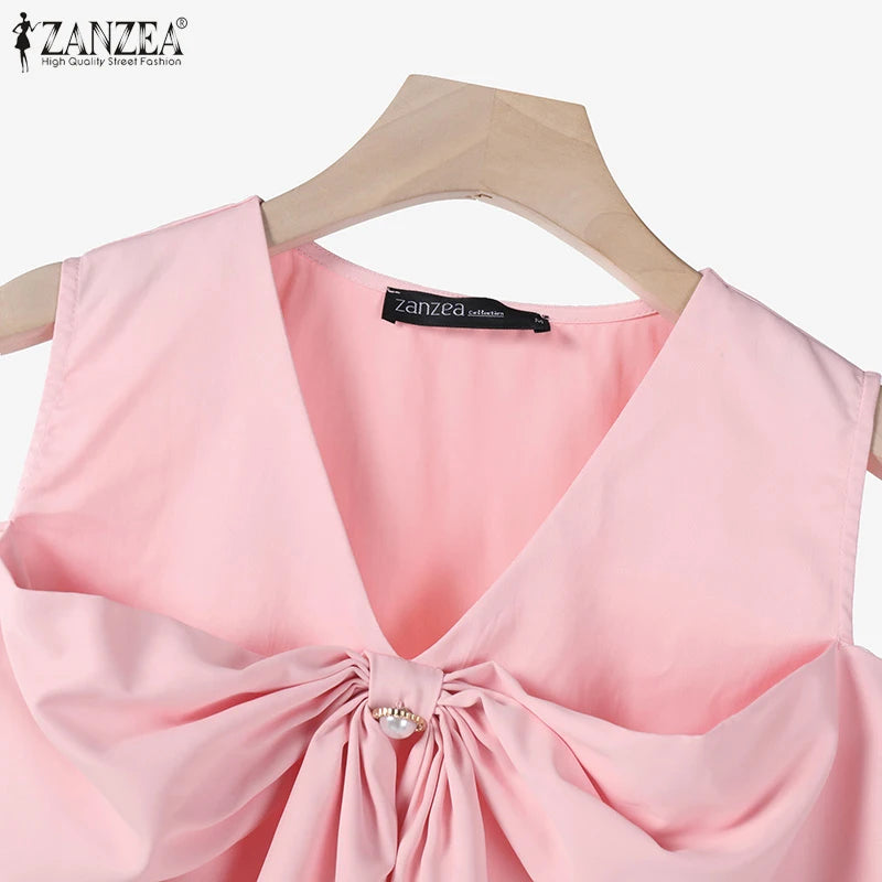 Women Summer Bow Tie Blouse 2025 ZANZEA Elegant Solid OL Work Shirt Casual V Neck Sleeveless Holiday Tops Stylish Party Blusas