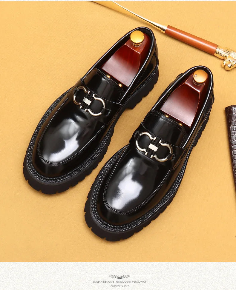 cow leather British loafers men glossy leather business casual Heightenin shoes non slip tire soles dress shoes Round toe shoes
