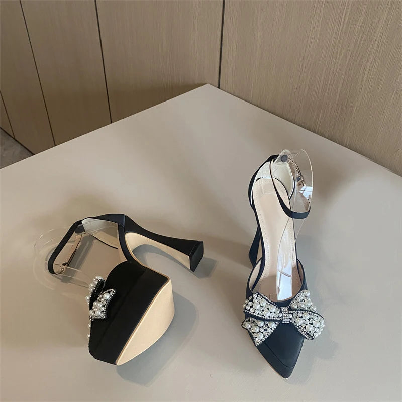 Liyke Ins Style Pearl Butterfly-Knot Women High Heels Sandals Sexy Thick Bottom Pointed Toe Platform Pumps Wedding Banquet Shoes
