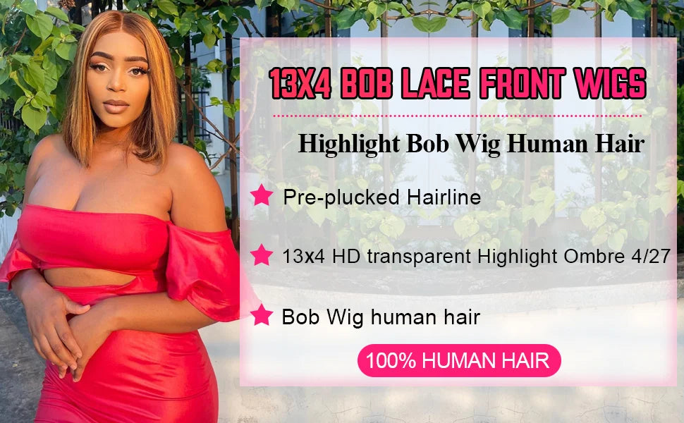 200% 16 Inch Highlight Short Bob Wigs 13X6 Straight Hd Lace Front Ombre Brown Frontal Glueless Bob Wig Human Hair Ready to Wear