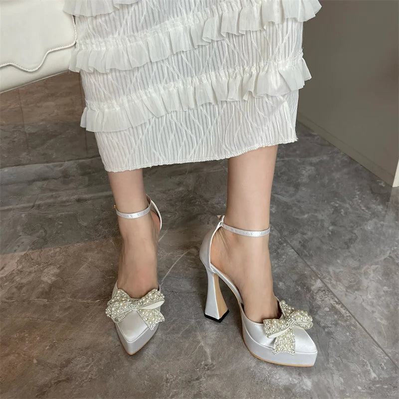 Liyke Ins Style Pearl Butterfly-Knot Women High Heels Sandals Sexy Thick Bottom Pointed Toe Platform Pumps Wedding Banquet Shoes