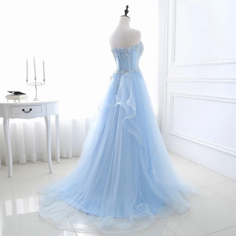New light blue sweat long lady girl women princess prom banquet party wedding bridal dress gown