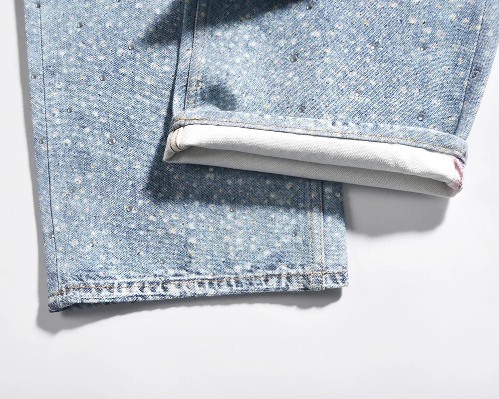 Full Rhinestone Print Washed Blue Baggy Jeans Mens and Women Ropa Hombre Streetwear Solid Casual Denim Trousers Loose Cargos