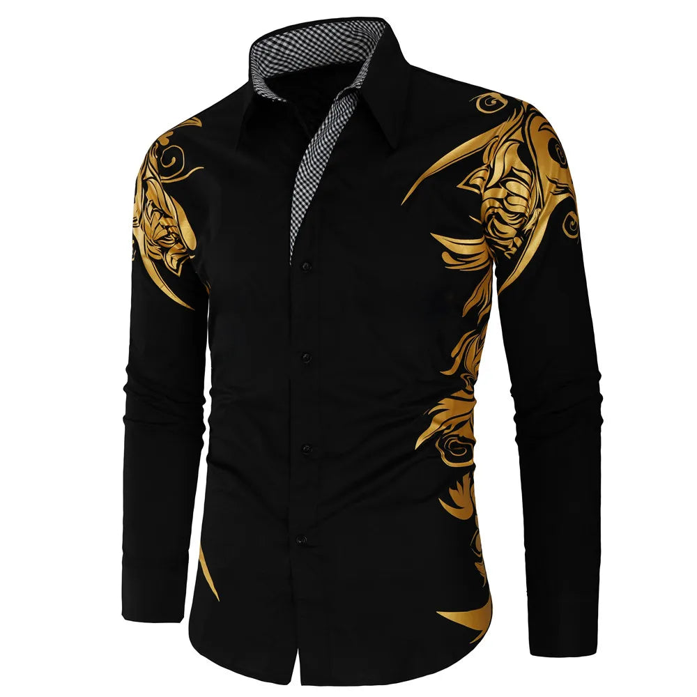 2024 Men's Brand Shirt, Luxury Gold High Quality Long Sleeve Shirts, Business White Black Men Dress Prom Social Print Shirts