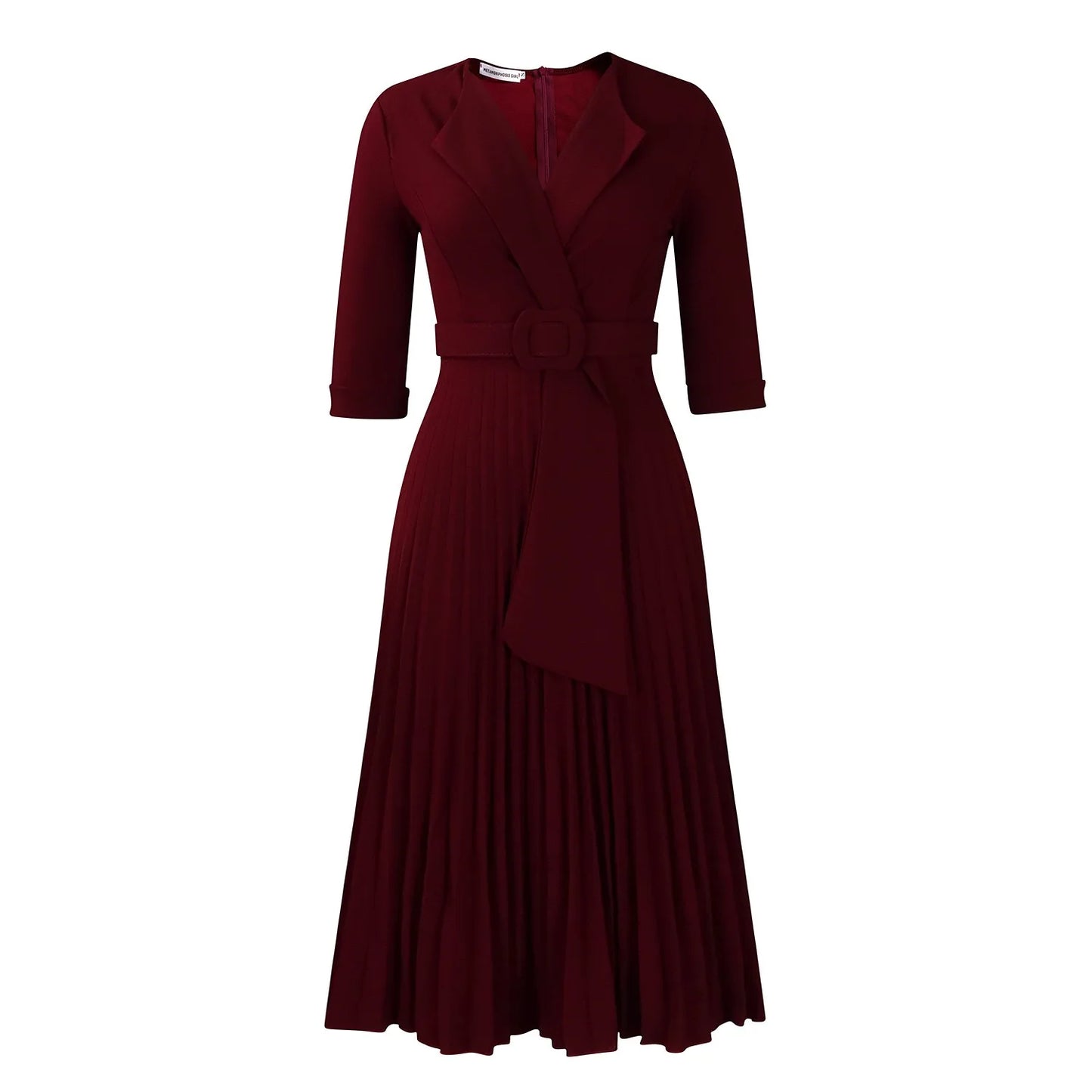 Elegant Office Ladies Dresses 2024 Autumn Fall Notched Collar Half Sleeve Belt Waisted Mid Calf Female Birthday Party Dress Midi