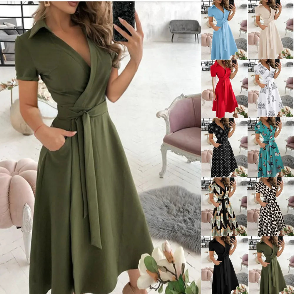 2023 Spring Autumn Dress Women Fashion Solid Slim Pocket Lace Up Dress Women Casual Printed Short Sleeve V-neck High Waist Dress