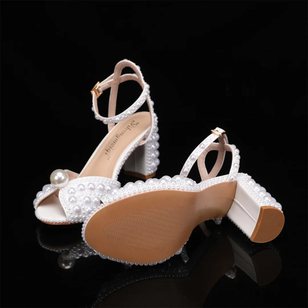 2024 Autumn New Fish Mouth High Heels Slim Heels Shallow Mouth Water Diamond Pearl Women's Single Shoes Wedding Wedding Shoes