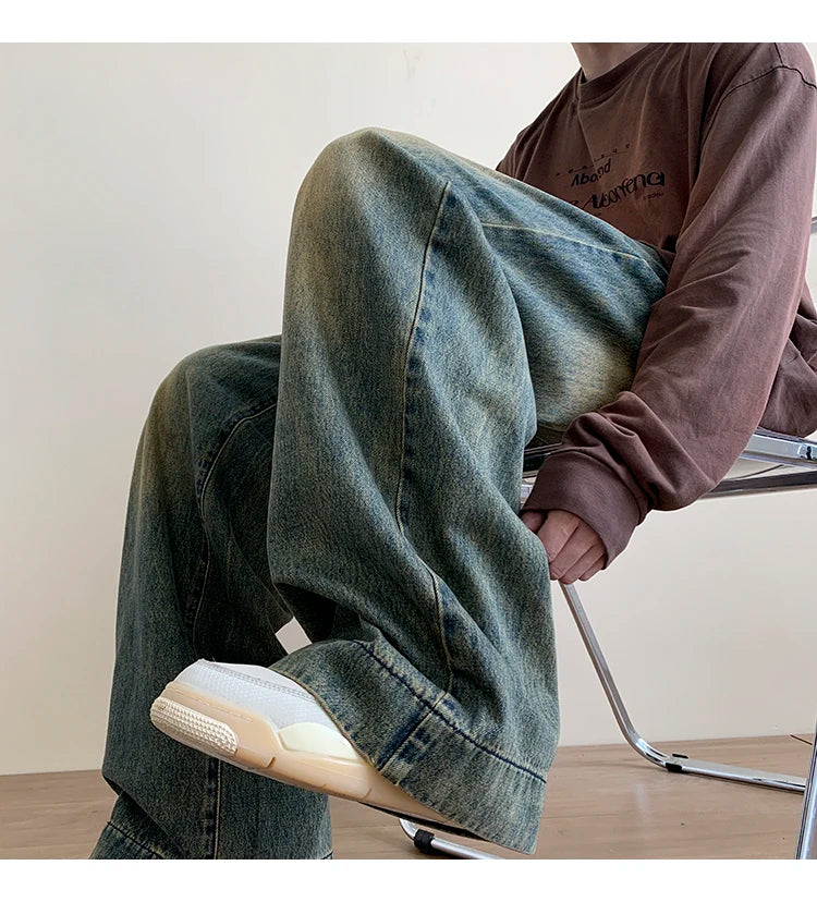 Distressed Vintage Blue Jeans Pants Men Wide-leg Denim Trousers Male Oversize Streetwear Fashion Casual Baggy Straight Jeans