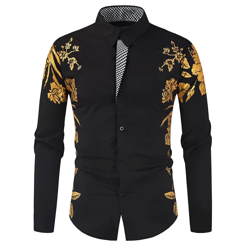 2024 Men's Brand Shirt, Luxury Gold High Quality Long Sleeve Shirts, Business White Black Men Dress Prom Social Print Shirts