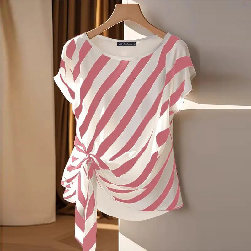 ZANZEA 2025 Korean Striped Printed Tops Fashion Short Sleeve Blouse Holiday Summer HolidayLoose Belted Tunic Casual Simple Tops