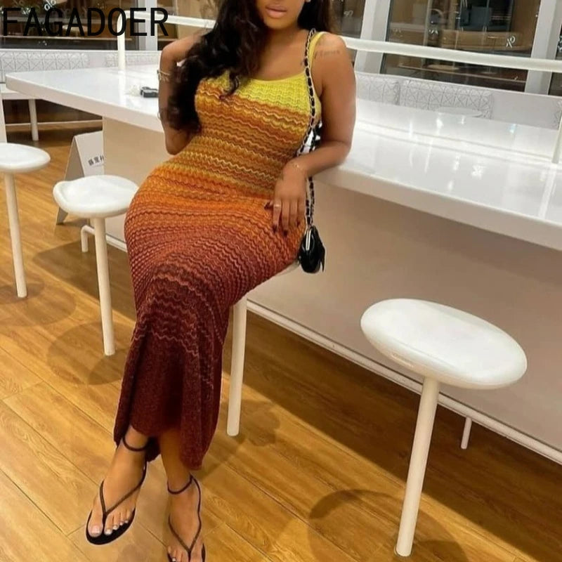 FAGADOER Summer Fashion Knitting Bodycon Maxi Dress Women Rainbow Color Spaghetti Strap Long Dress Female Streetwear Vestidos