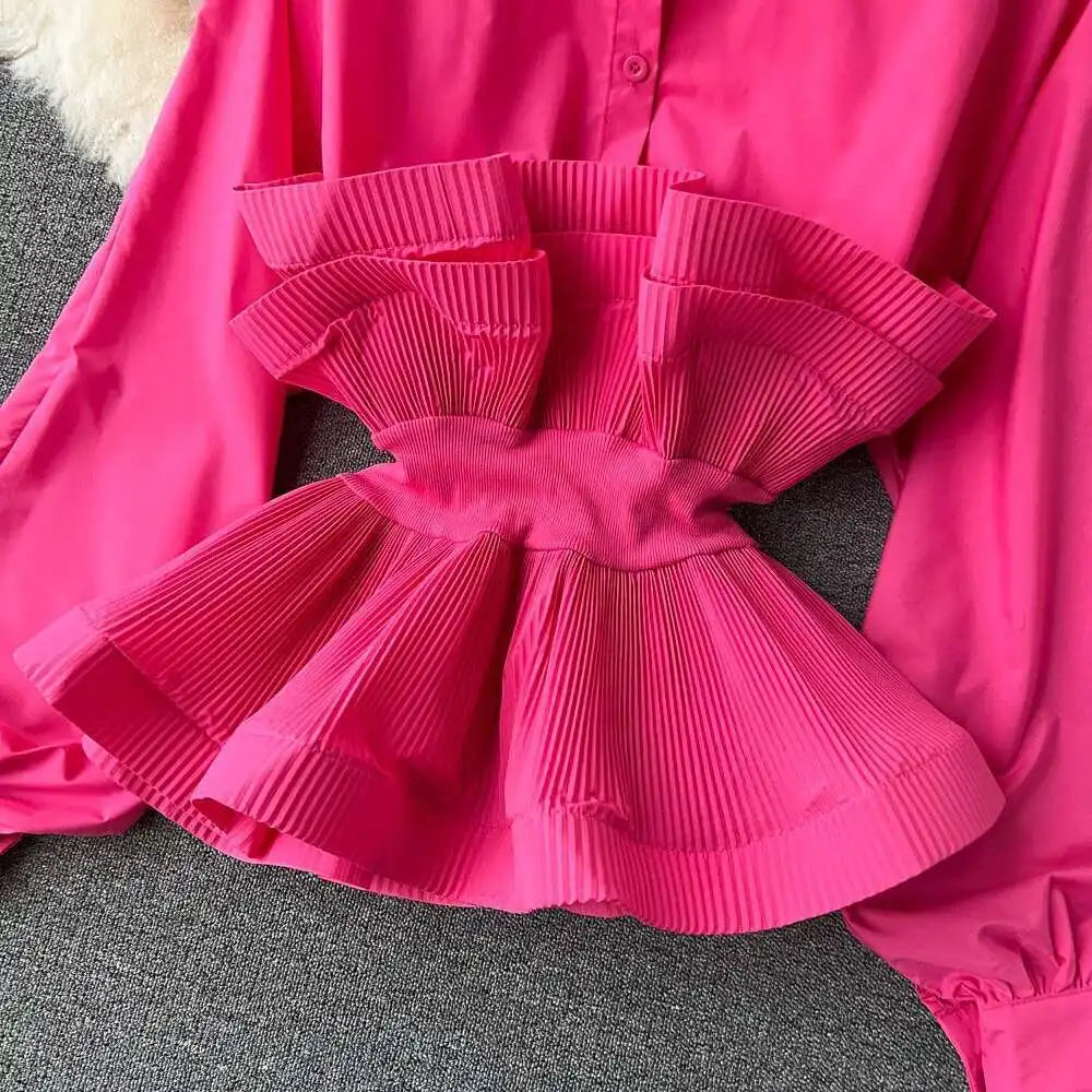 XFPV Women Puff Sleeve Pleated Ruffle Solid Casual Blouse Patchwork Y2k Top Slim Waist Shirt Sweet Summer Spring 2025 SM2983
