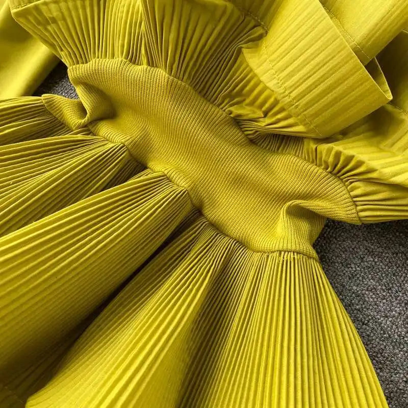 XFPV Women Puff Sleeve Pleated Ruffle Solid Casual Blouse Patchwork Y2k Top Slim Waist Shirt Sweet Summer Spring 2025 SM2983