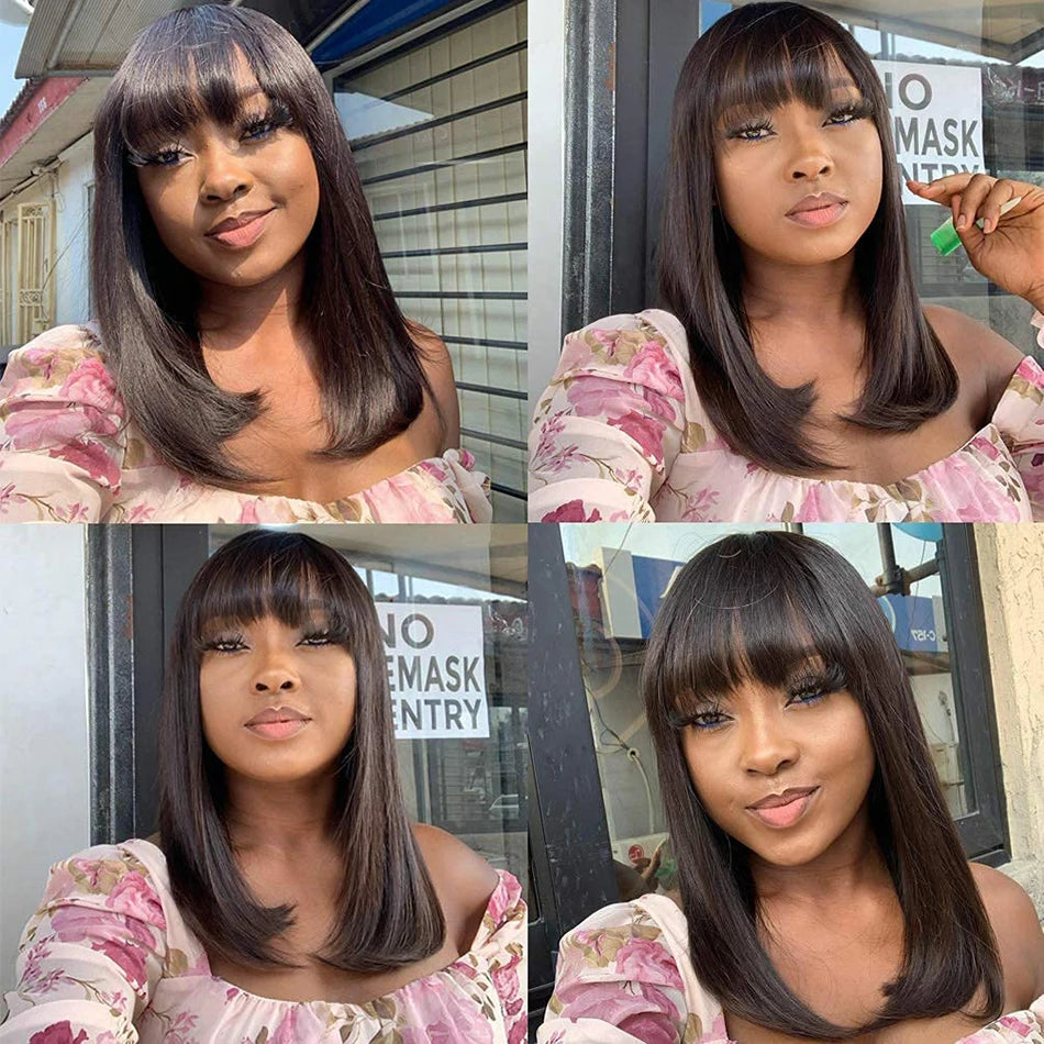 Wiggogo 3X1 Middle Part Lace Wig Bob Wigs Full Machine Made Bone Straight Human Hair Wigs With Bangs Short Bob Human Hair Wigs