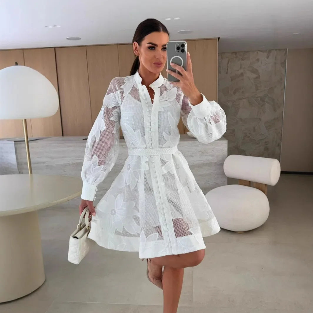 Fashionable Ins Embroidered Lace Dress Cross-Border Independent Station Floral Midi Skirt Polyester Fiber Full Sleeve