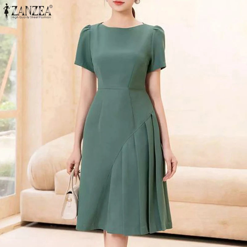 Elegant Pleated Dress ZANZEA Summer O Neck Short Sleeve Sundress Women Stylish Casual Work Party Vestidos Solid Knee Length Robe
