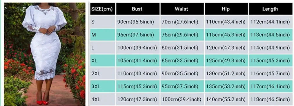 Elegant Women White Lace Dress Puff Sleeve Embroidery Pencil Dress Large Size 4XL Ladies Wedding Birthday Dinner Evening Clothes