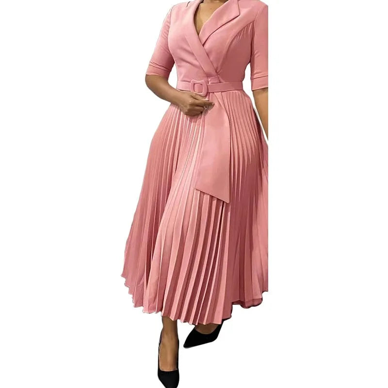 Elegant Office Ladies Dresses 2024 Autumn Fall Notched Collar Half Sleeve Belt Waisted Mid Calf Female Birthday Party Dress Midi