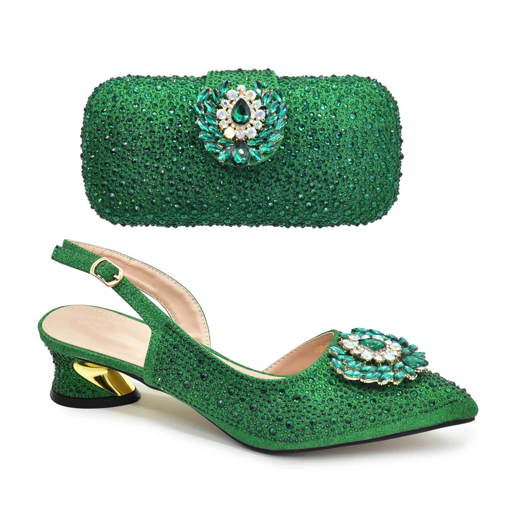 New Italian Shoe and Bag 2024 High Quality Luxury Full Diamond Italian Shoes and Bags Matching Set Decorated with Rhinestone