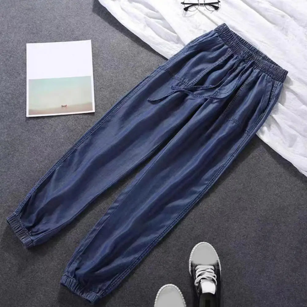 Summer Thin Ice Silk Jeans Women Elastic High Waist Drawstring Harem Pants Loose All-matched Beam Leg Nine Points Denim Pants