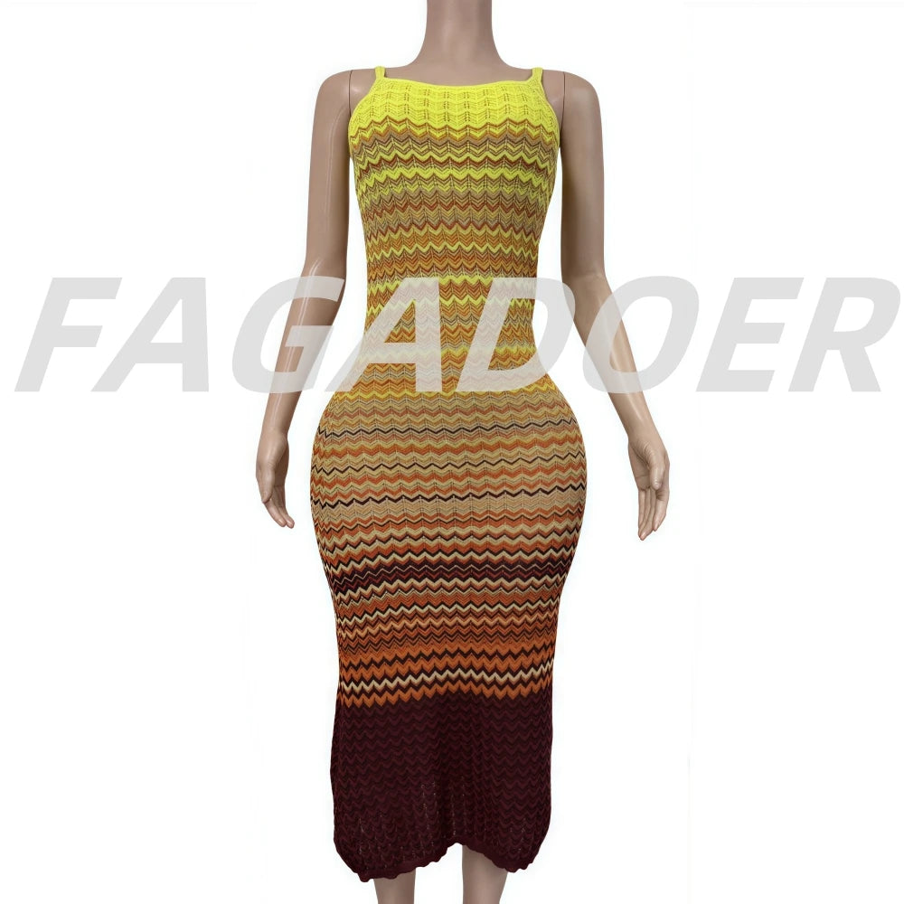 FAGADOER Summer Fashion Knitting Bodycon Maxi Dress Women Rainbow Color Spaghetti Strap Long Dress Female Streetwear Vestidos