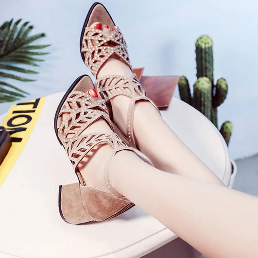 2022 New Style Women Summer Hollow Out Faux Leather Rhinestones Thick Heel Zipper Sandals Shoes Eur 35-41