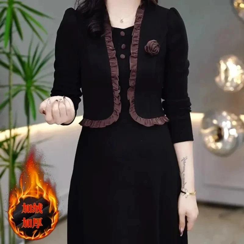 Autumn Winter Add Velvet Long Dress Women Fake Two Pieces Long Sleeve Dress High End Elegant Mother Wedding Party Dress Vestidos