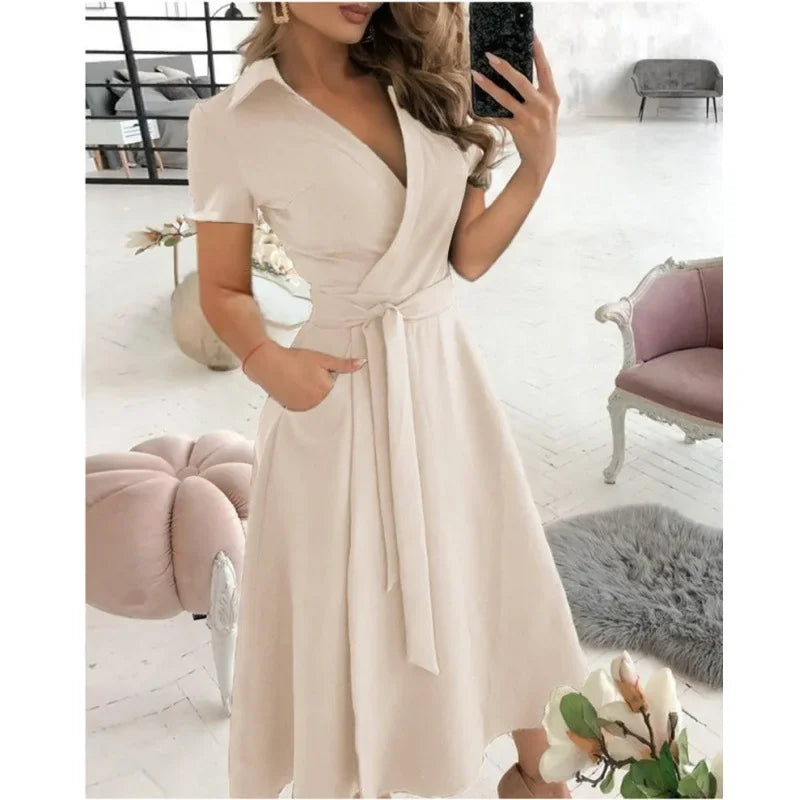 2023 Spring Autumn Dress Women Fashion Solid Slim Pocket Lace Up Dress Women Casual Printed Short Sleeve V-neck High Waist Dress