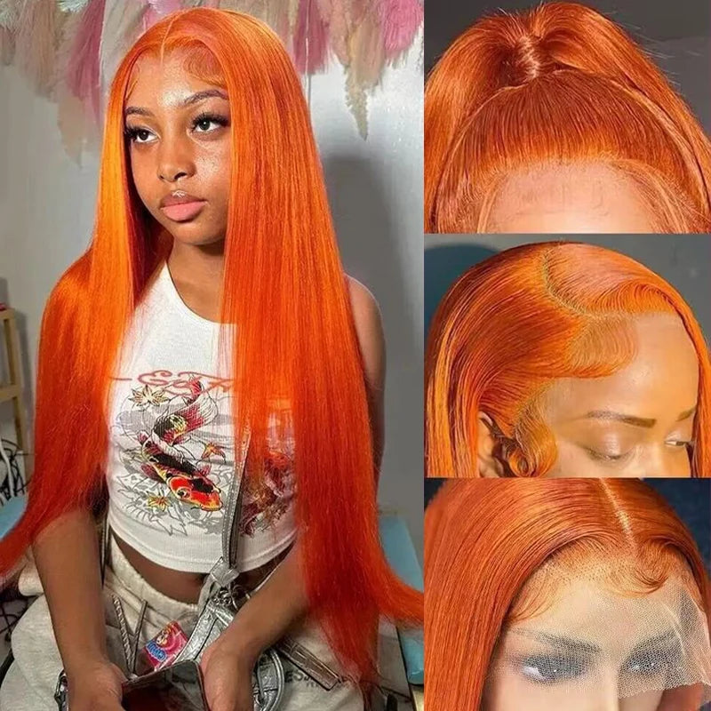 30 Inch Straight Orange Ginger Lace Front Wigs Human Hair 350 Colored Brazilian 13X6 HD Transparent Lace Frontal Wigs For Women