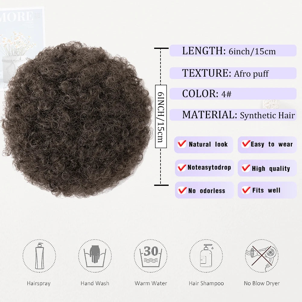 Afro Puff Drawstring Ponytail Extension for Black Women, Black Short Synthetic Afro Puff Ponytail for Natural Hair, Clip On Kink