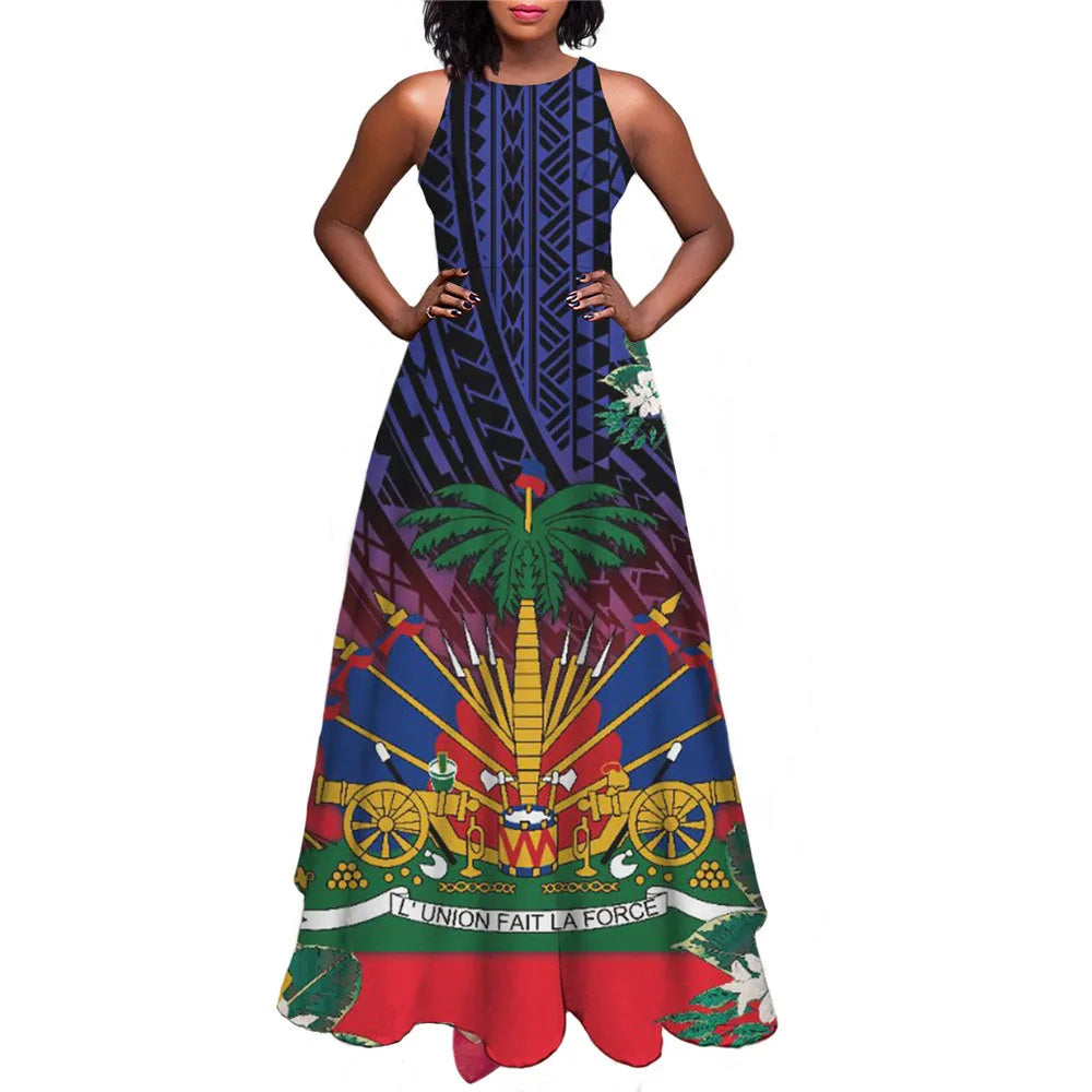 Haiti Flag Print Luxury Designer Women Summer Spring Maxi Dress Ladies Sexy Sundress Casual Sleeveless Long Woman Dresses Mujer