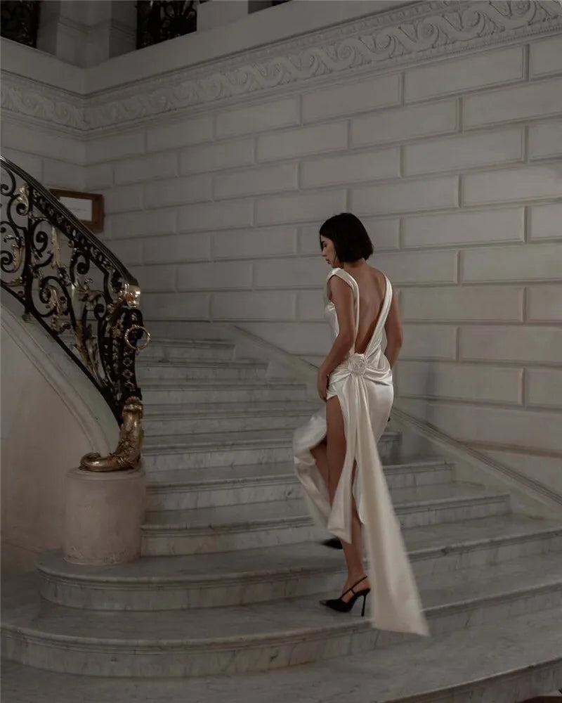 Mozision Satin Backless Sexy Maxi Dress For Women Elegant Rose Thigh High Split Beach Holiday Long Dress Gorgeous Club Gown