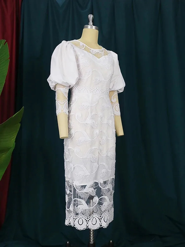 Elegant Women White Lace Dress Puff Sleeve Embroidery Pencil Dress Large Size 4XL Ladies Wedding Birthday Dinner Evening Clothes