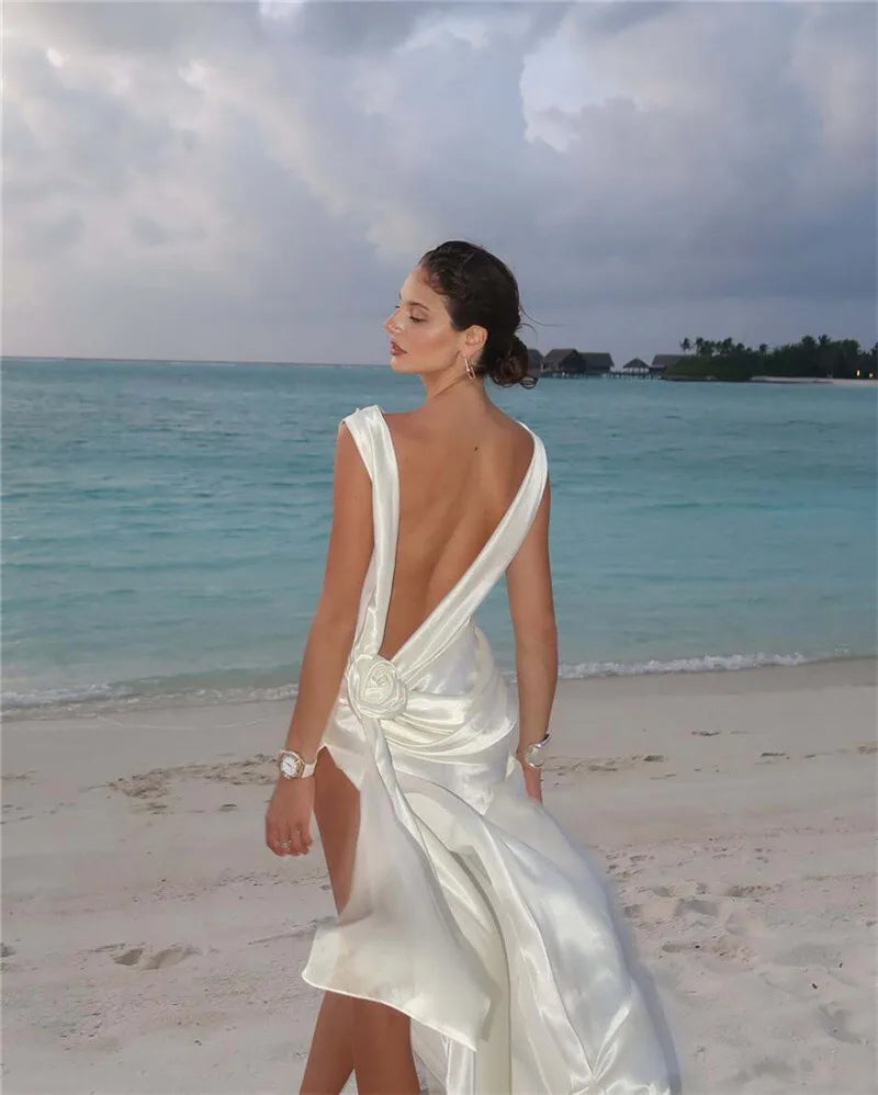 Mozision Satin Backless Sexy Maxi Dress For Women Elegant Rose Thigh High Split Beach Holiday Long Dress Gorgeous Club Gown