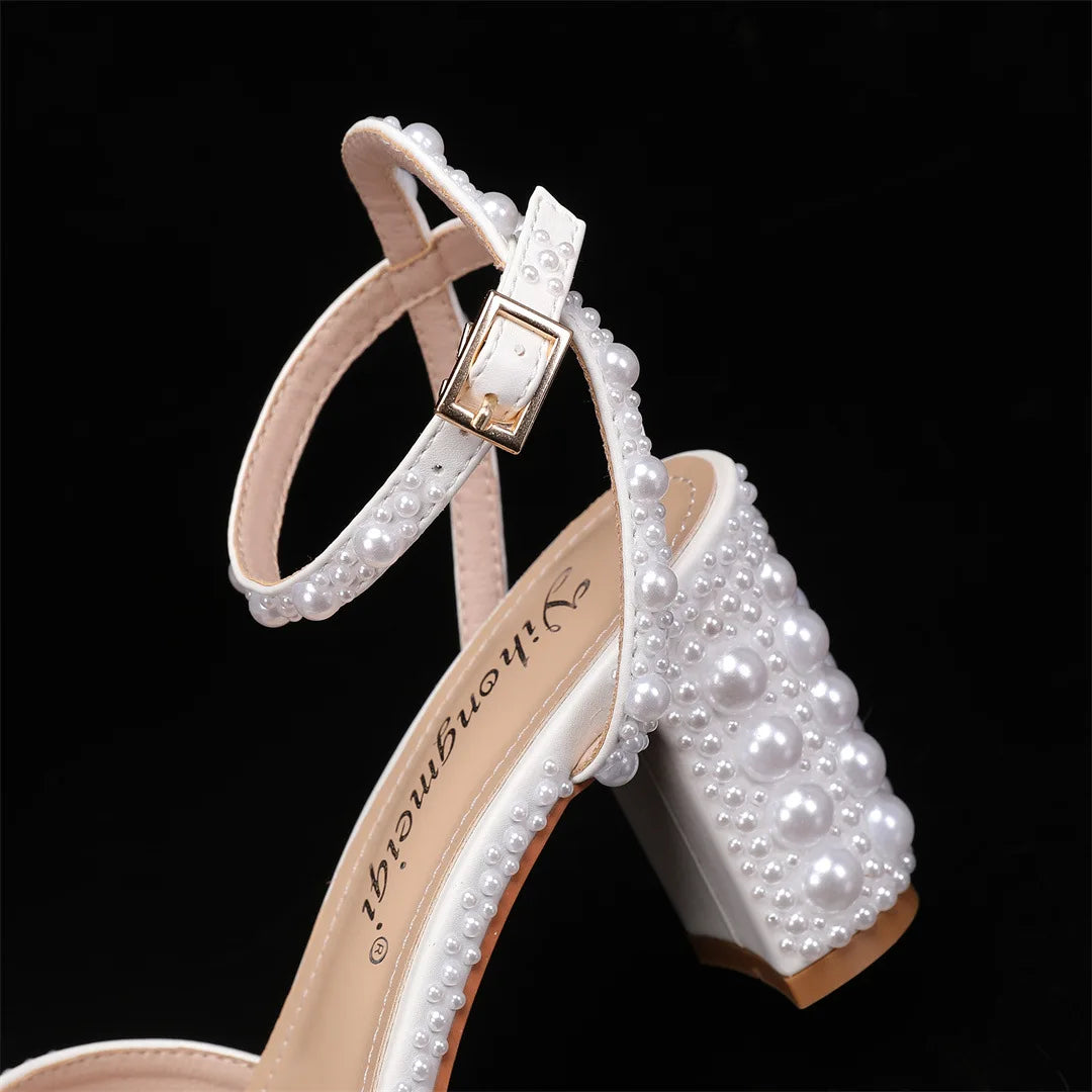 2024 Autumn New Fish Mouth High Heels Slim Heels Shallow Mouth Water Diamond Pearl Women's Single Shoes Wedding Wedding Shoes