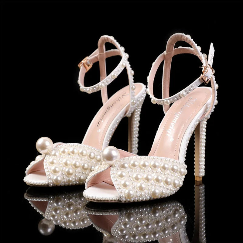 2024 Autumn New Fish Mouth High Heels Slim Heels Shallow Mouth Water Diamond Pearl Women's Single Shoes Wedding Wedding Shoes