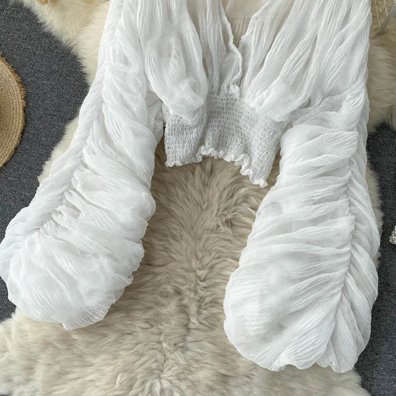 Women Sexy Chiffon Short Blouse Female See Through Super Long Sleeve Blusas Purple/Green/Black/White Folds Party Tops 2022 New