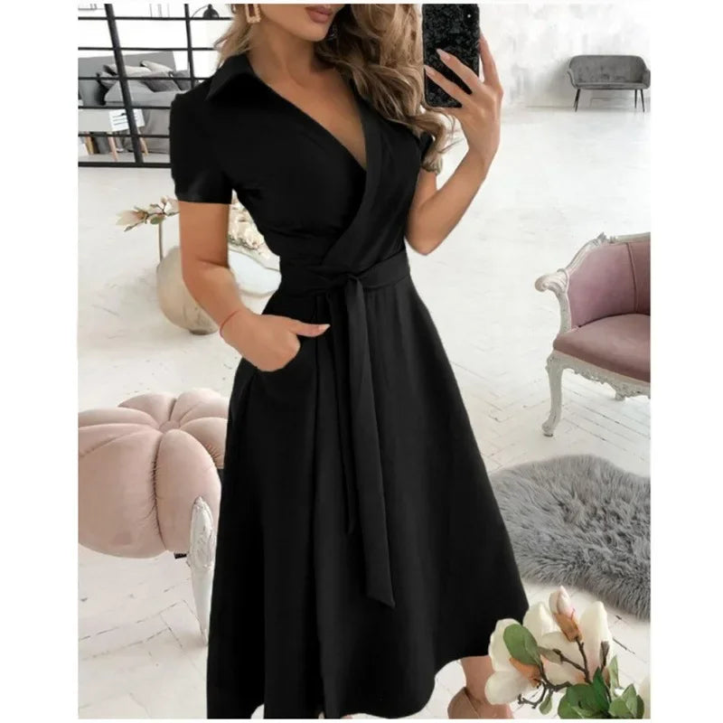 2023 Spring Autumn Dress Women Fashion Solid Slim Pocket Lace Up Dress Women Casual Printed Short Sleeve V-neck High Waist Dress