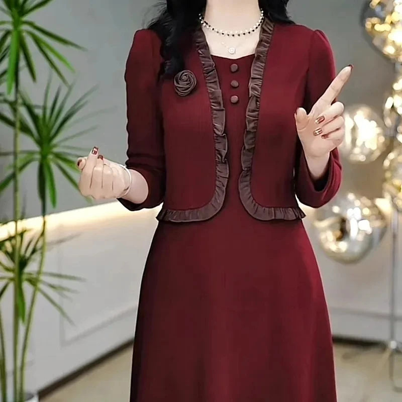 Autumn Winter Add Velvet Long Dress Women Fake Two Pieces Long Sleeve Dress High End Elegant Mother Wedding Party Dress Vestidos