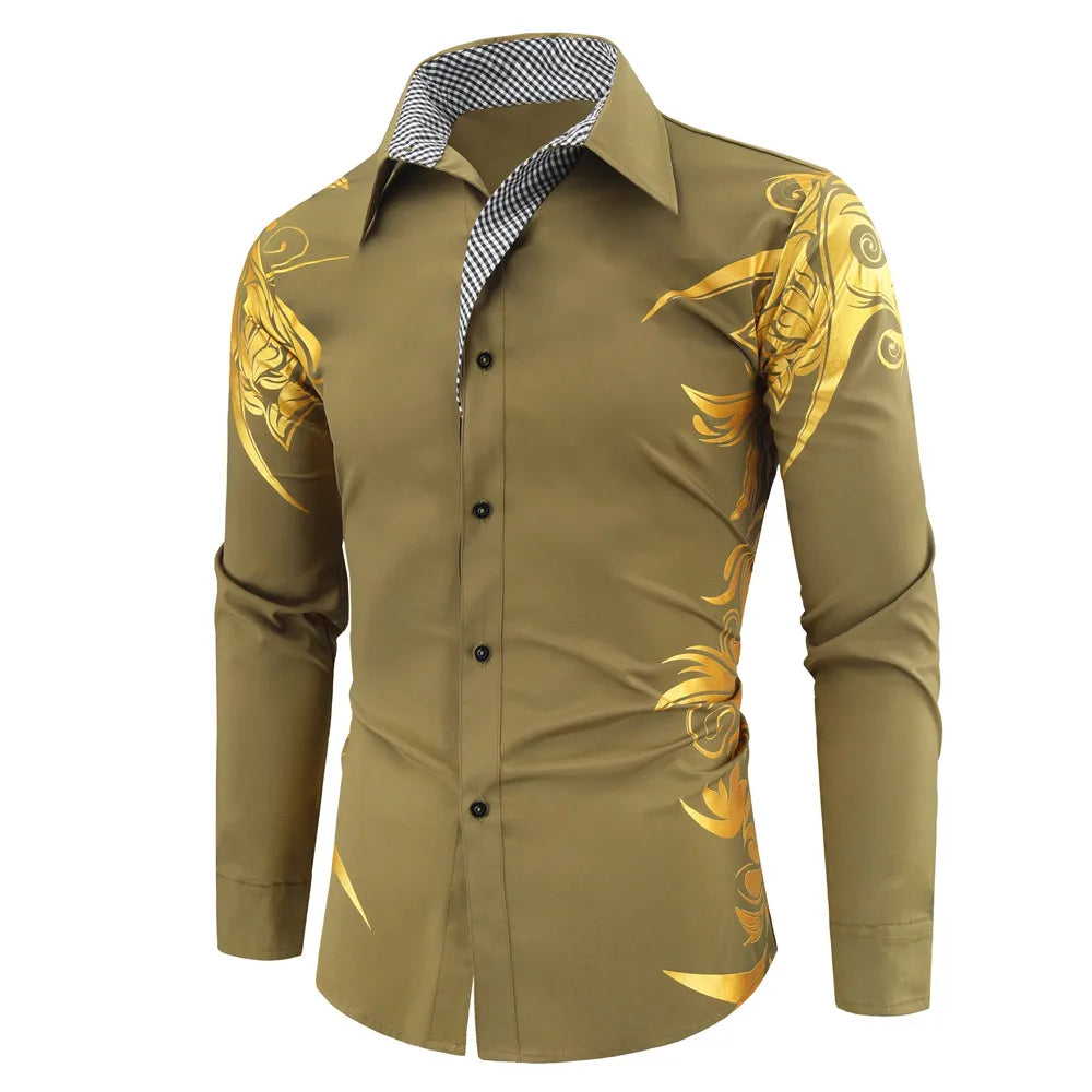 2024 Men's Brand Shirt, Luxury Gold High Quality Long Sleeve Shirts, Business White Black Men Dress Prom Social Print Shirts