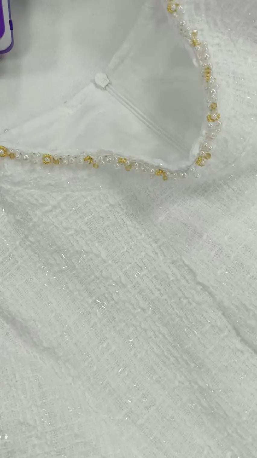 White Shoulder Pad Short Sleeve Party Dress Women's Elegant Tweed A-line O-neck Patchwork Luxury Black Evening Dresses Birthday